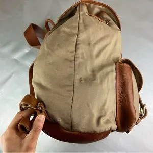 Vintage tan canvas and leather trim large adjustable strap backpack unisex Large Canvas Backpack With Canvas Flap and Leather Trim  main image 3